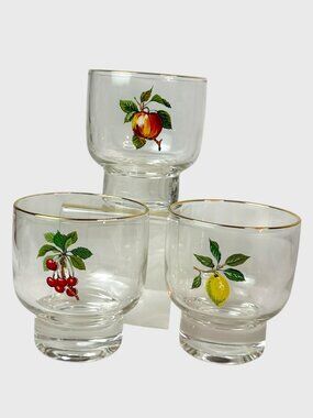 Set Of 3 Vintage Fruit Design Glasses With Gold Rim Cherry Lemon Apple Motif 3"